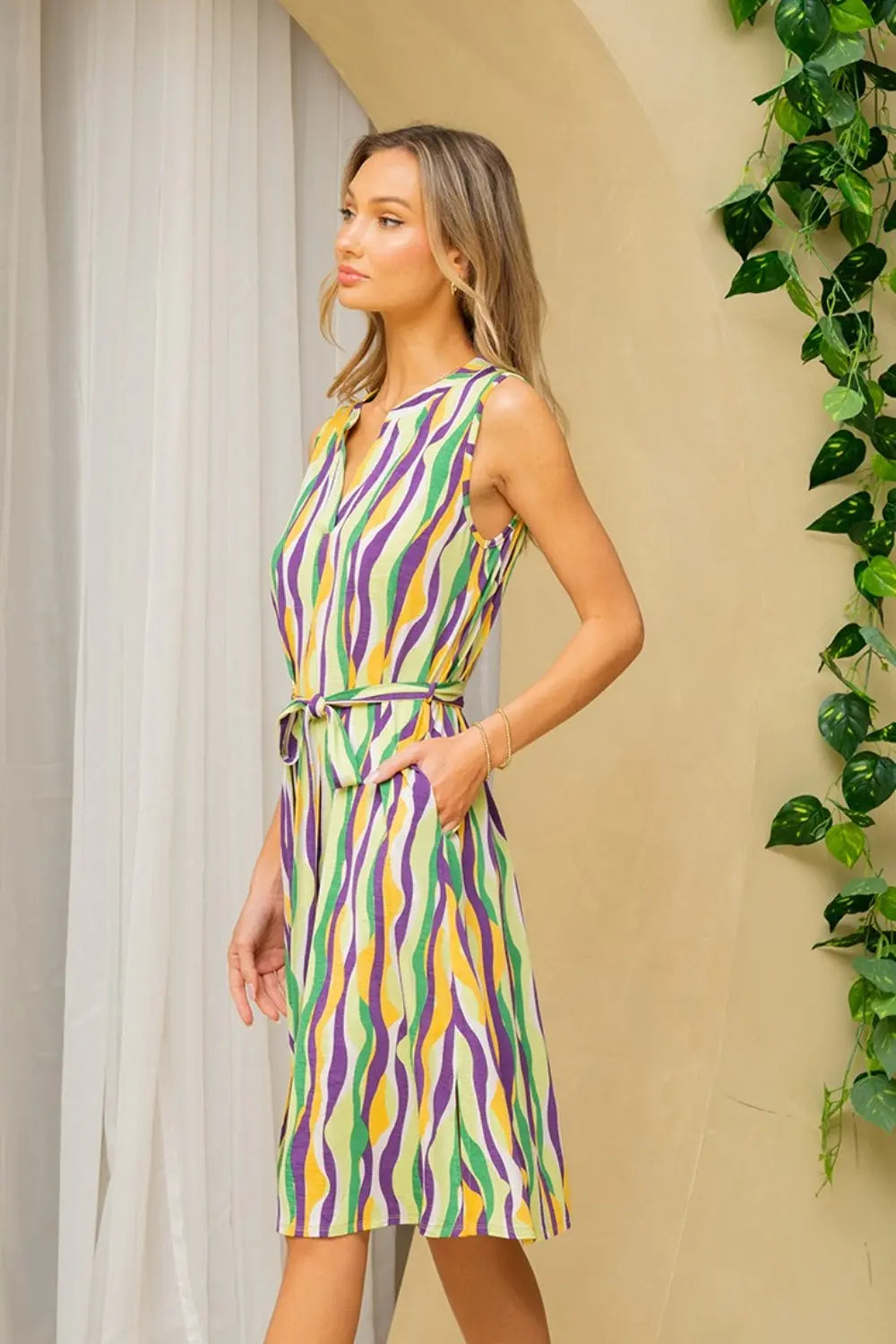 Sew In Love Full Size Stripe Tied Sleeveless Dress with Side Pockets-Very Besty