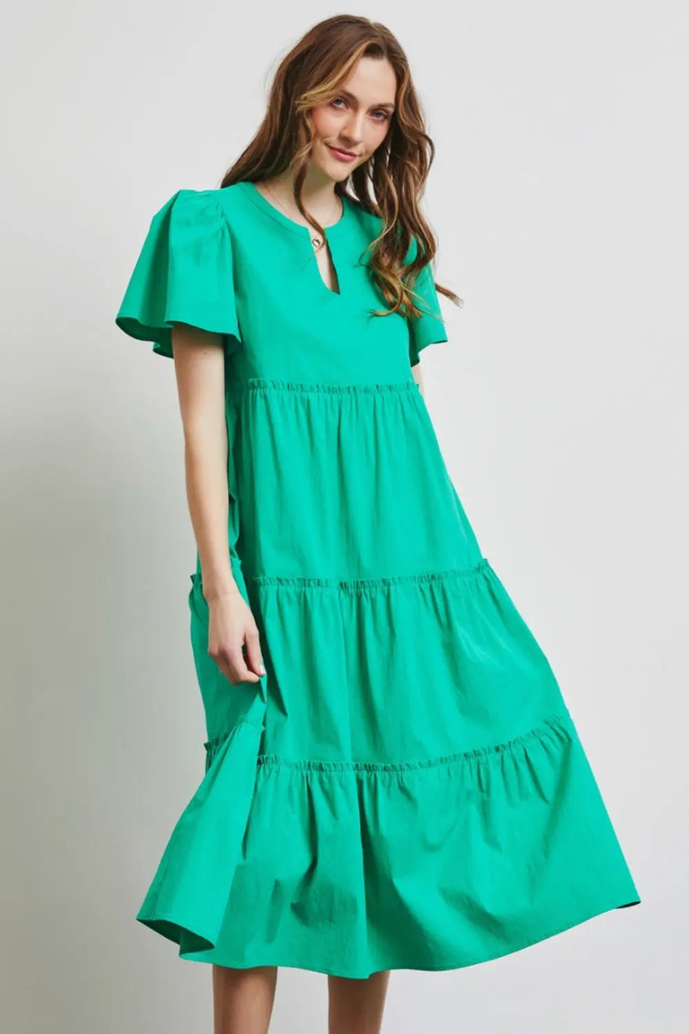 HEYSON Full Size Cotton Poplin Ruffled Tiered Midi Dress-Very Besty