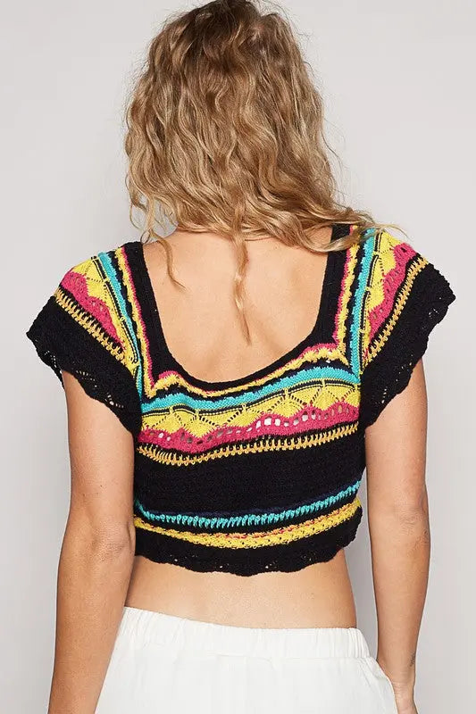 POL Openwork Ethnic Pattern Square Neck Cropped Knit Top-Very Besty