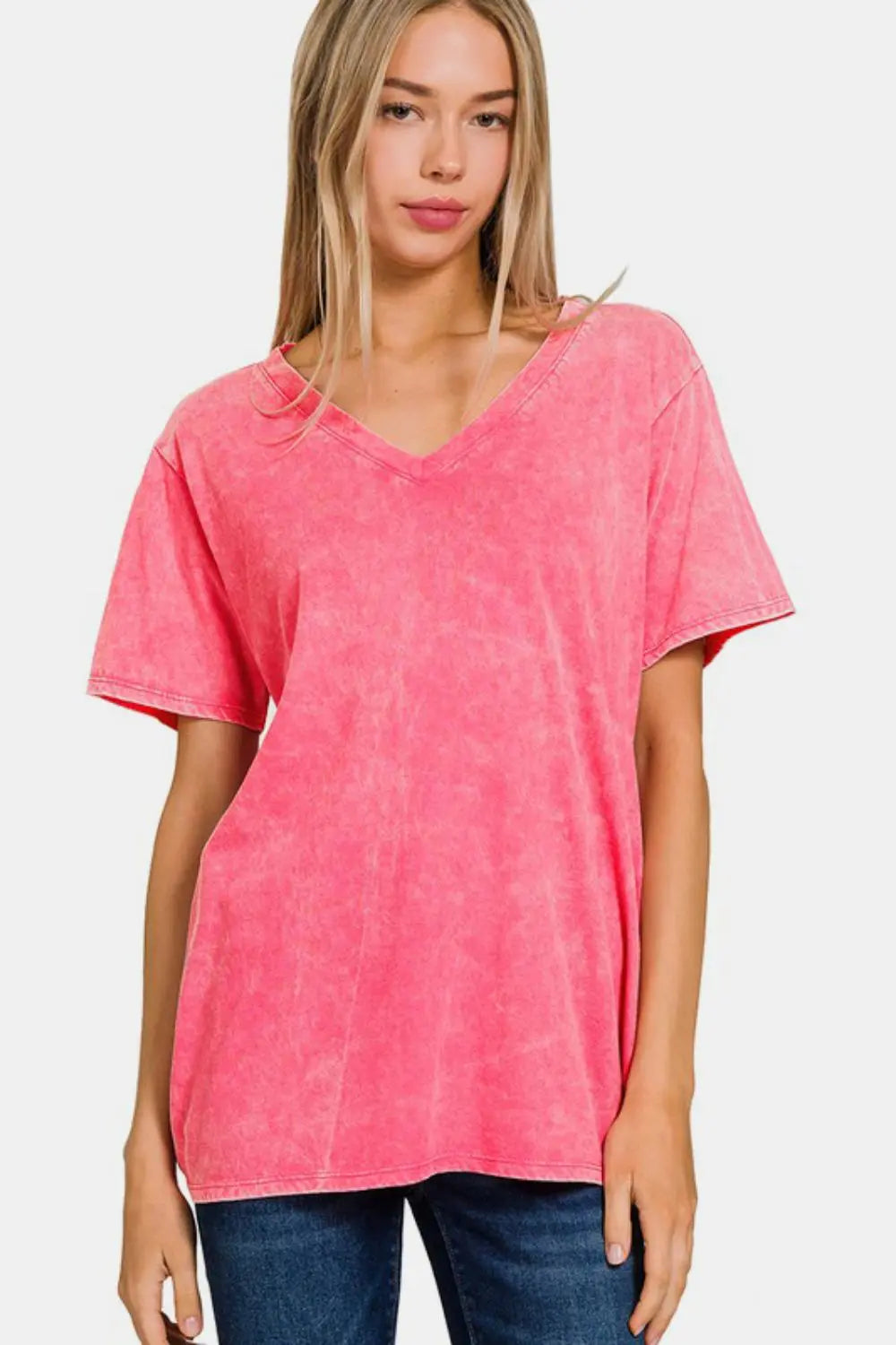 Zenana Full Size Washed Short Sleeve V-Neck T-Shirt-Very Besty