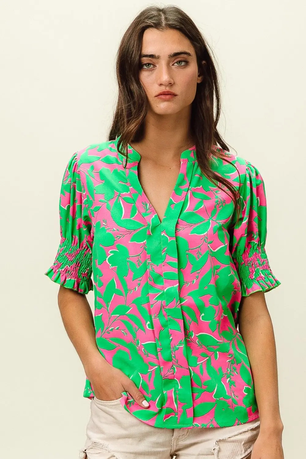 BiBi Smocked Cuff Floral Contrast Top-Very Besty