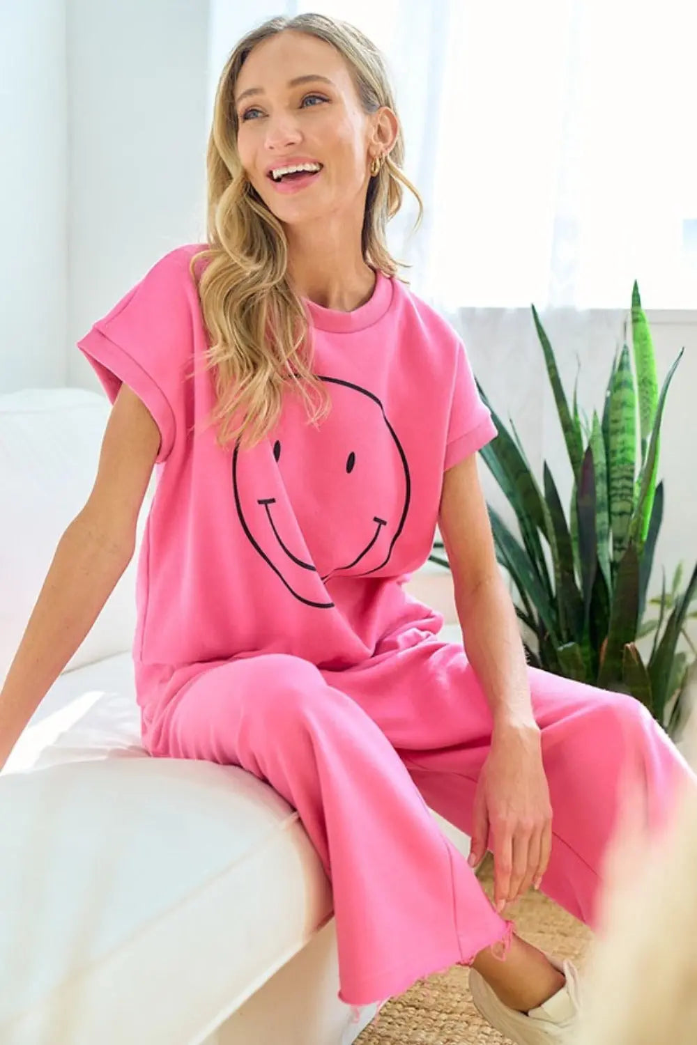 First Love Smile Face Drop Shoulder Brushed Inside T-Shirt-Very Besty