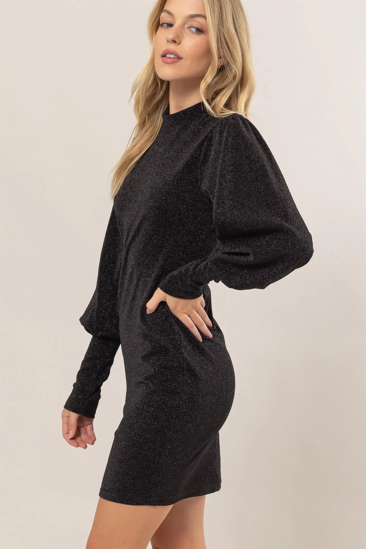 HYFVE Glitter Mock Neck Long Sleeve Mini Dress-Very Besty