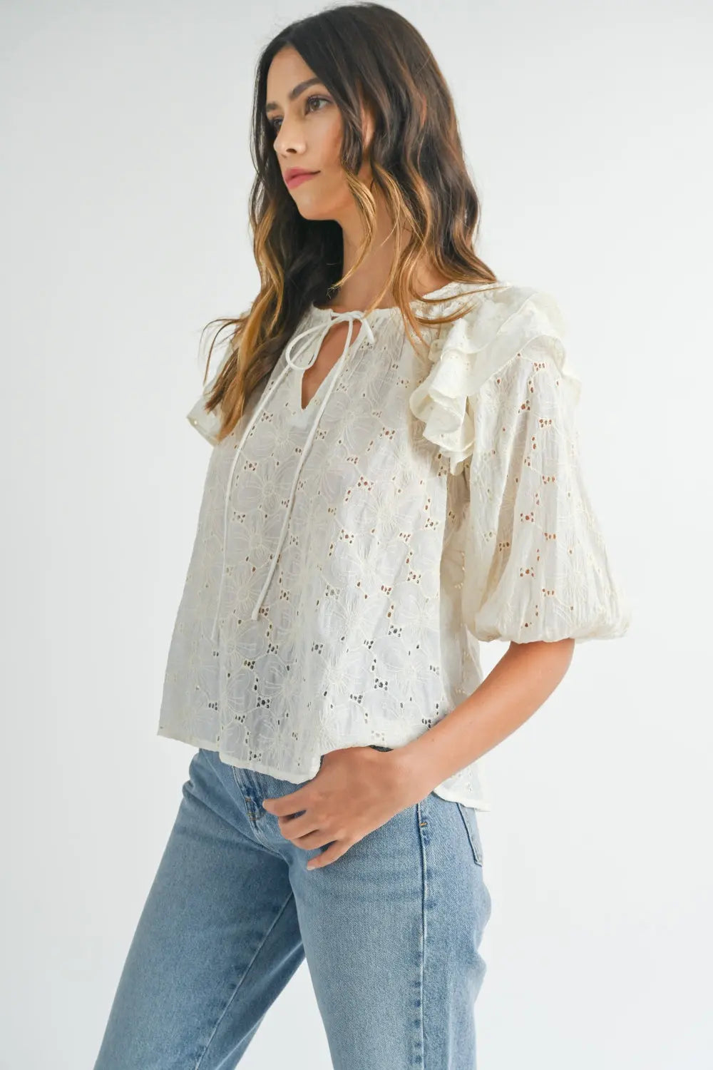 MABLE Eyelet Lace Ruffle Shoulder Puff Sleeve Blouse-Very Besty