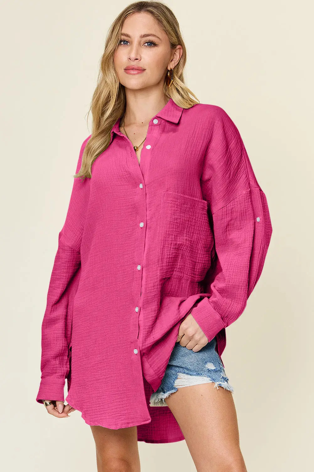 Double Take Full Size Pocketed Texture Button Up Shirt-Very Besty