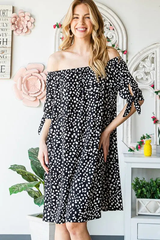 Heimish Full Size Short Sleeve Off Shoulder Animal Mini Dress Plus Size-Very Besty