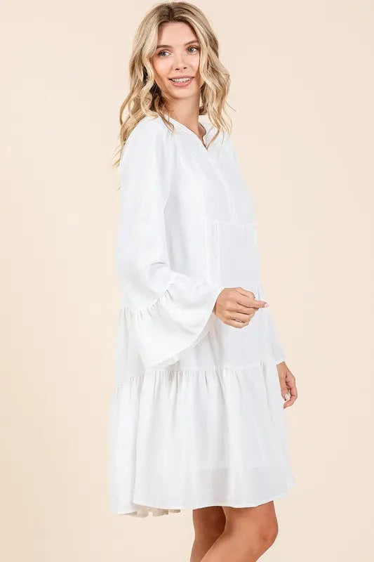 Mittoshop Tiered Notched Flare Sleeve Dress-Very Besty