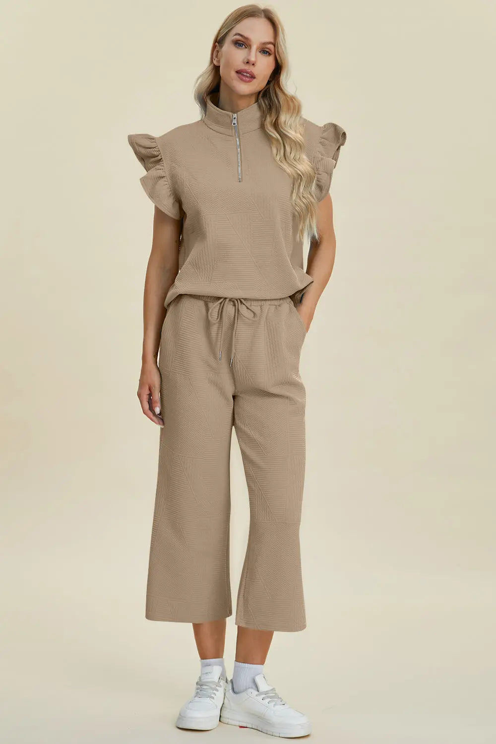 Double Take Full Size Texture Ruffle Short Sleeve Top and Wide Leg Pants Set-Very Besty