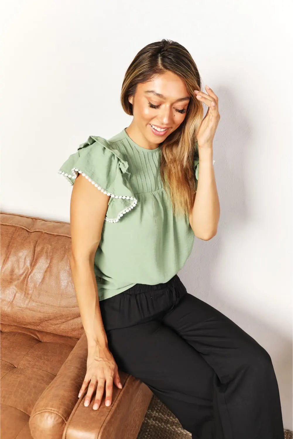 Perfee Pleated Detail Flutter Sleeve Blouse-Very Besty