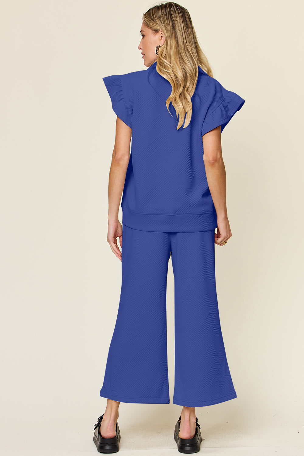 Double Take Texture Ruffle Short Sleeve Top and Drawstring Wide Leg Pants Set-Very Besty