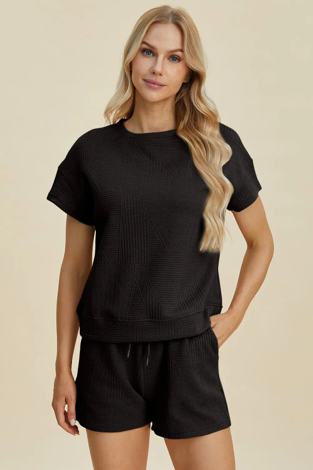 Double Take Full Size Texture Short Sleeve Top and Shorts Set-Very Besty