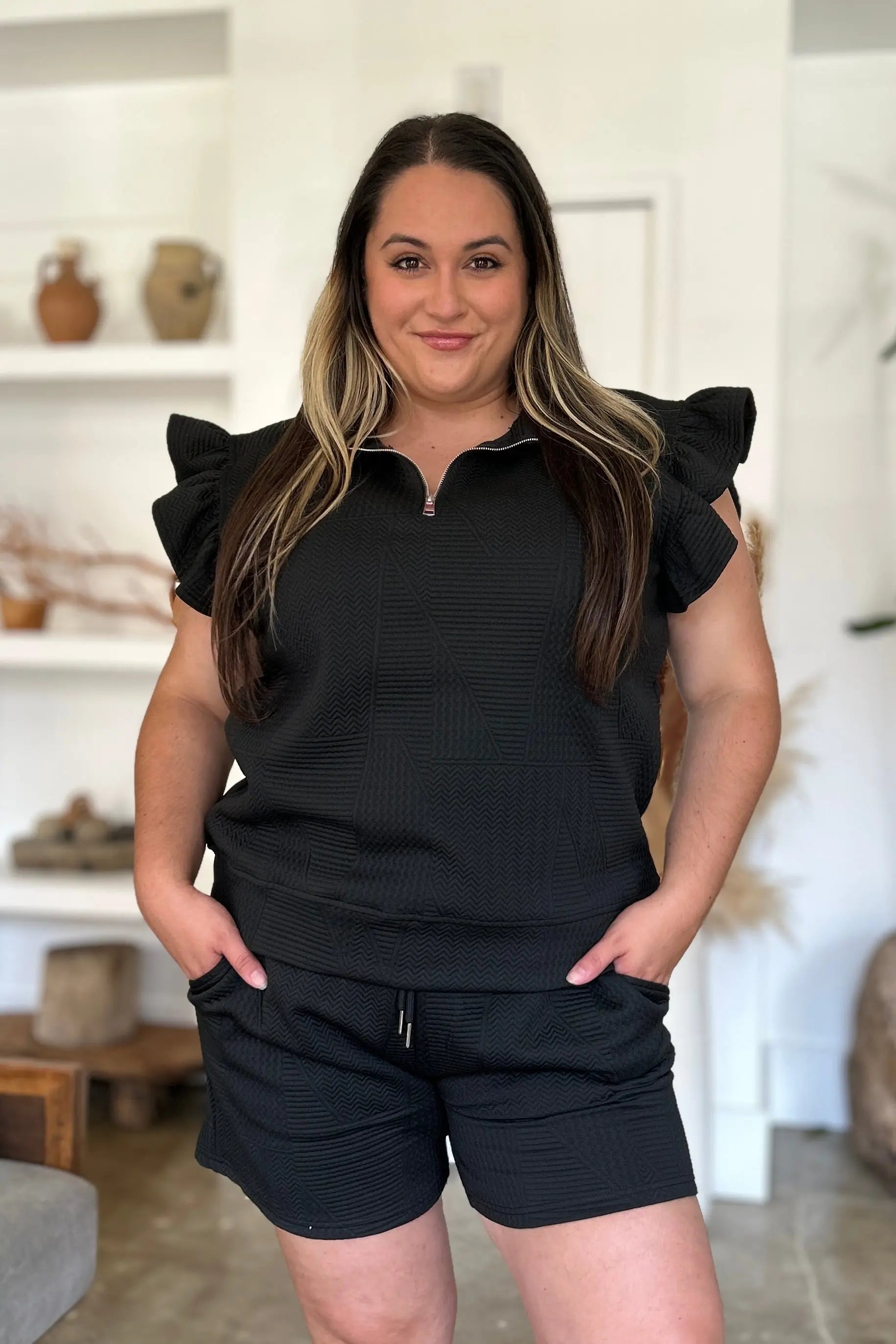 Double Take Full Size Texture Flounce Sleeve Top and Shorts Set-Very Besty