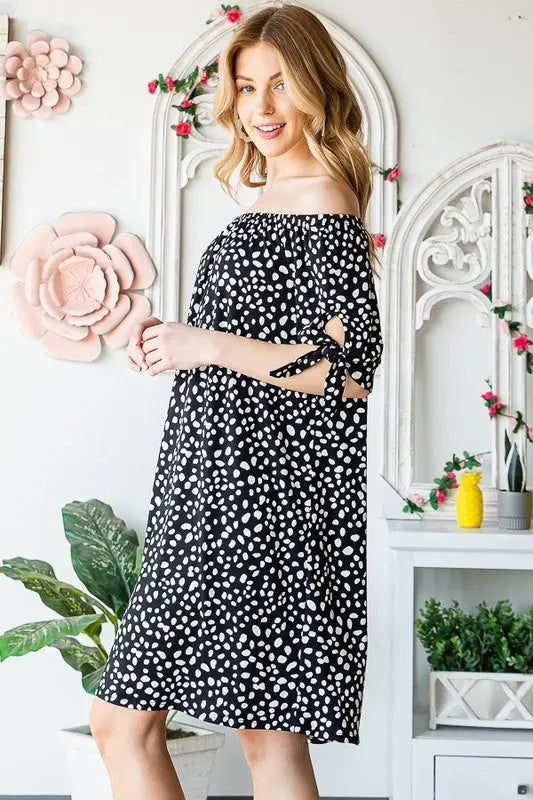 Heimish Full Size Short Sleeve Off Shoulder Animal Mini Dress Plus Size-Very Besty