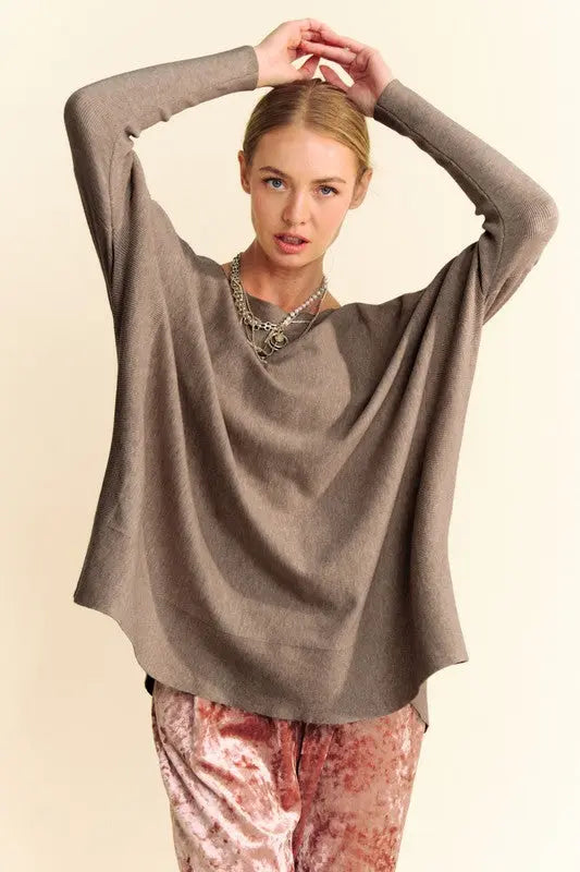 Davi & Dani Round Neck Dropped Shoulder Long Sleeve Knit Top-Very Besty