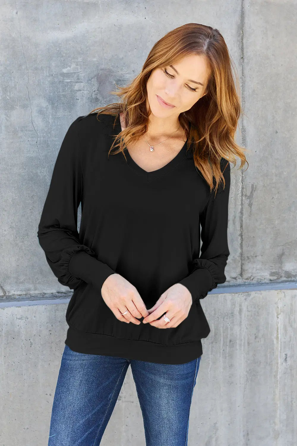 Basic Bae Full Size V-Neck Lantern Sleeve Top-Very Besty