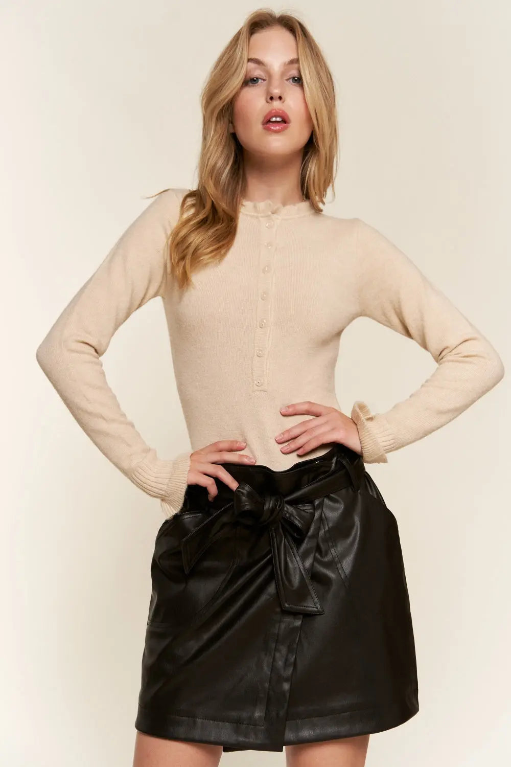 And The Why Half Button Round Neck Long Sleeve Bodysuit-Very Besty