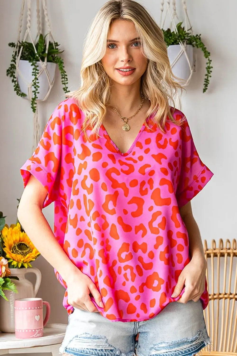 First Love Leopard V-Neck Short Sleeve Woven Top-Very Besty