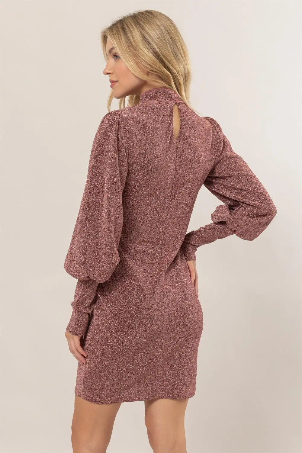 HYFVE Glitter Mock Neck Long Sleeve Mini Dress-Very Besty