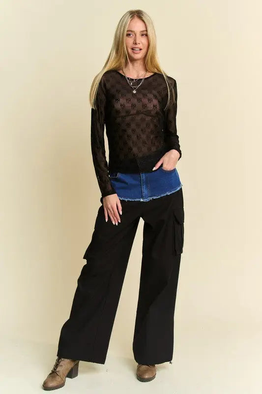 Davi & Dani Bow Mesh Round Neck Long Sleeve Top-Very Besty