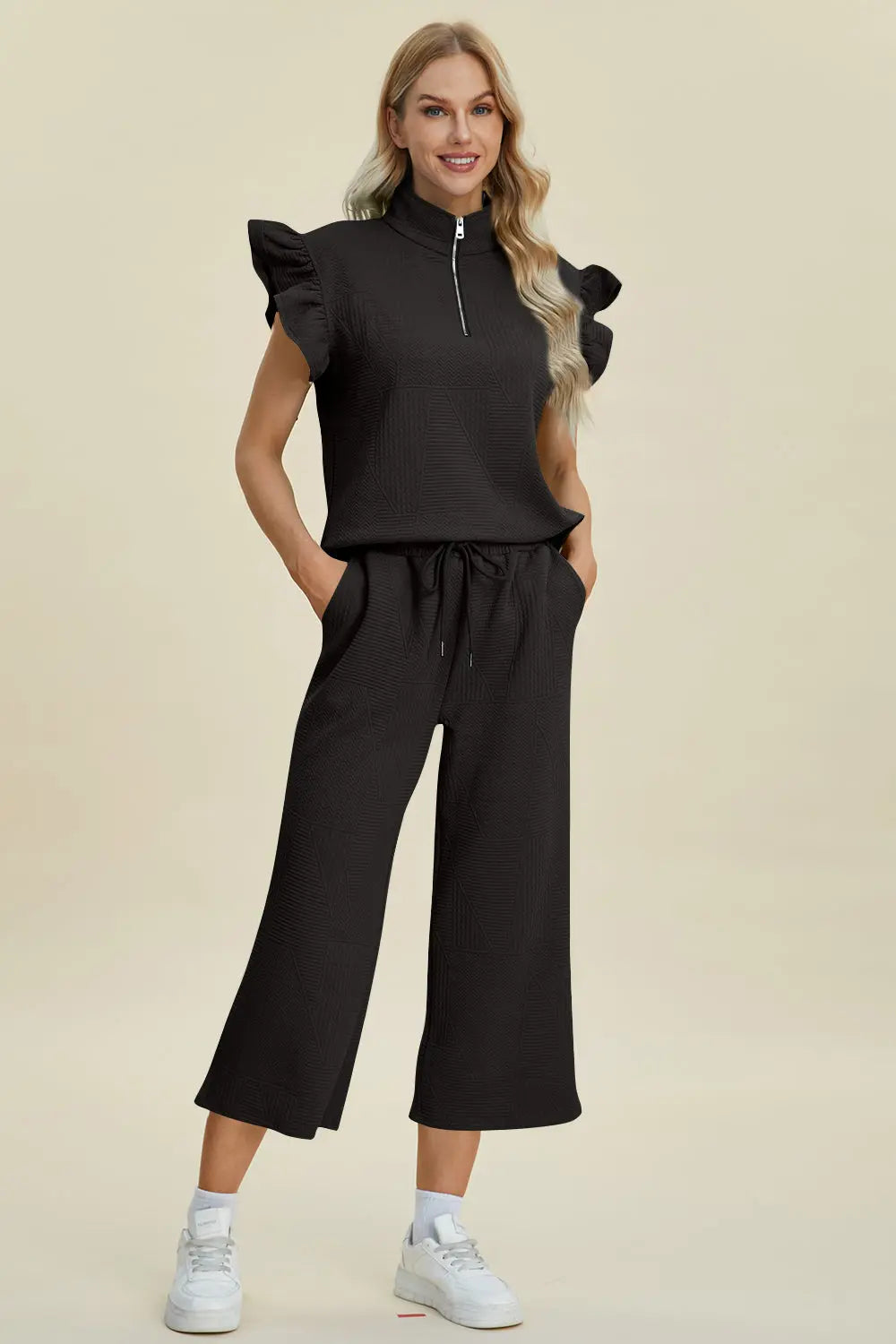 Double Take Full Size Texture Ruffle Short Sleeve Top and Wide Leg Pants Set-Very Besty