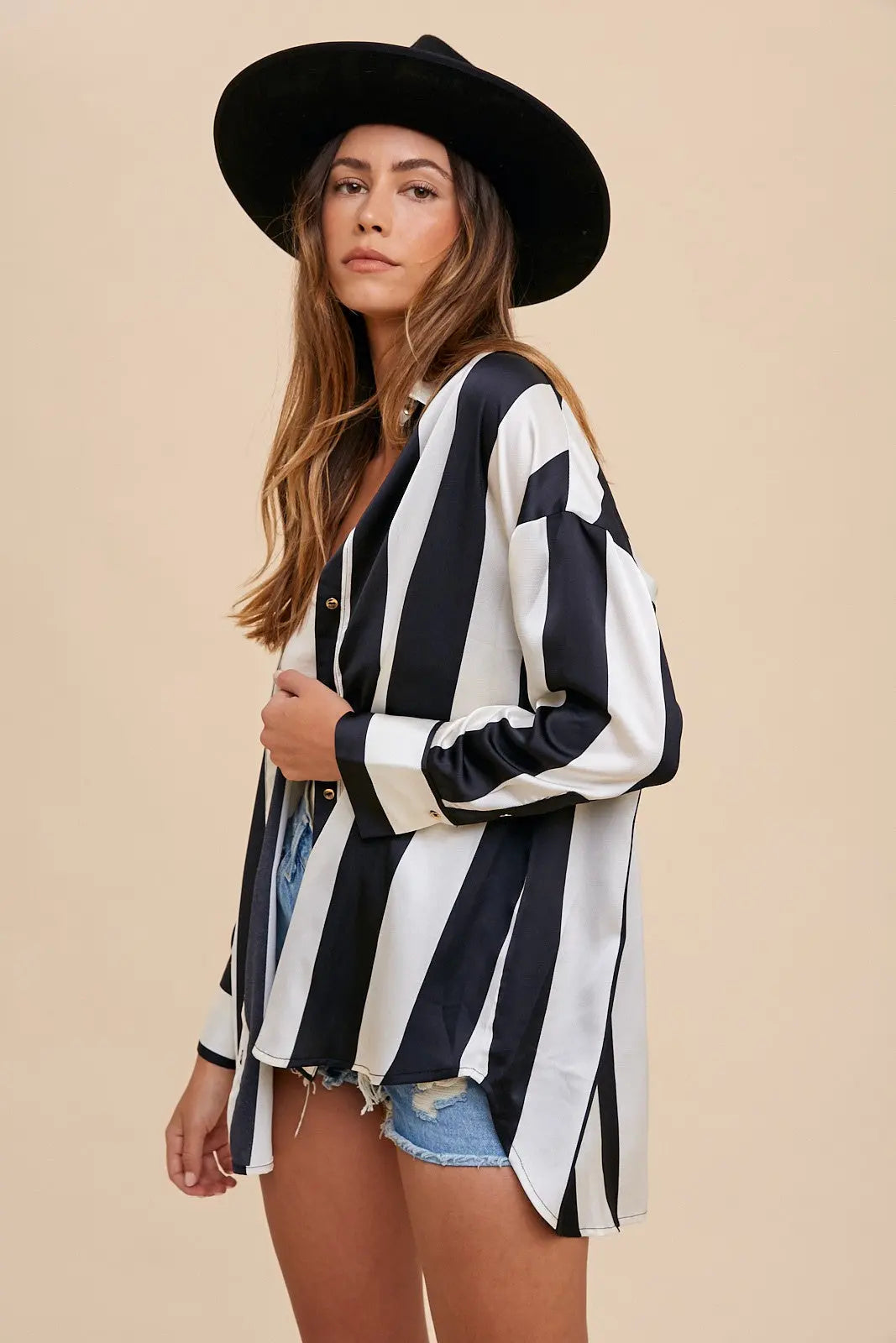 Annie Wear Striped Dropped Shoulder Button Up Shirt-Very Besty