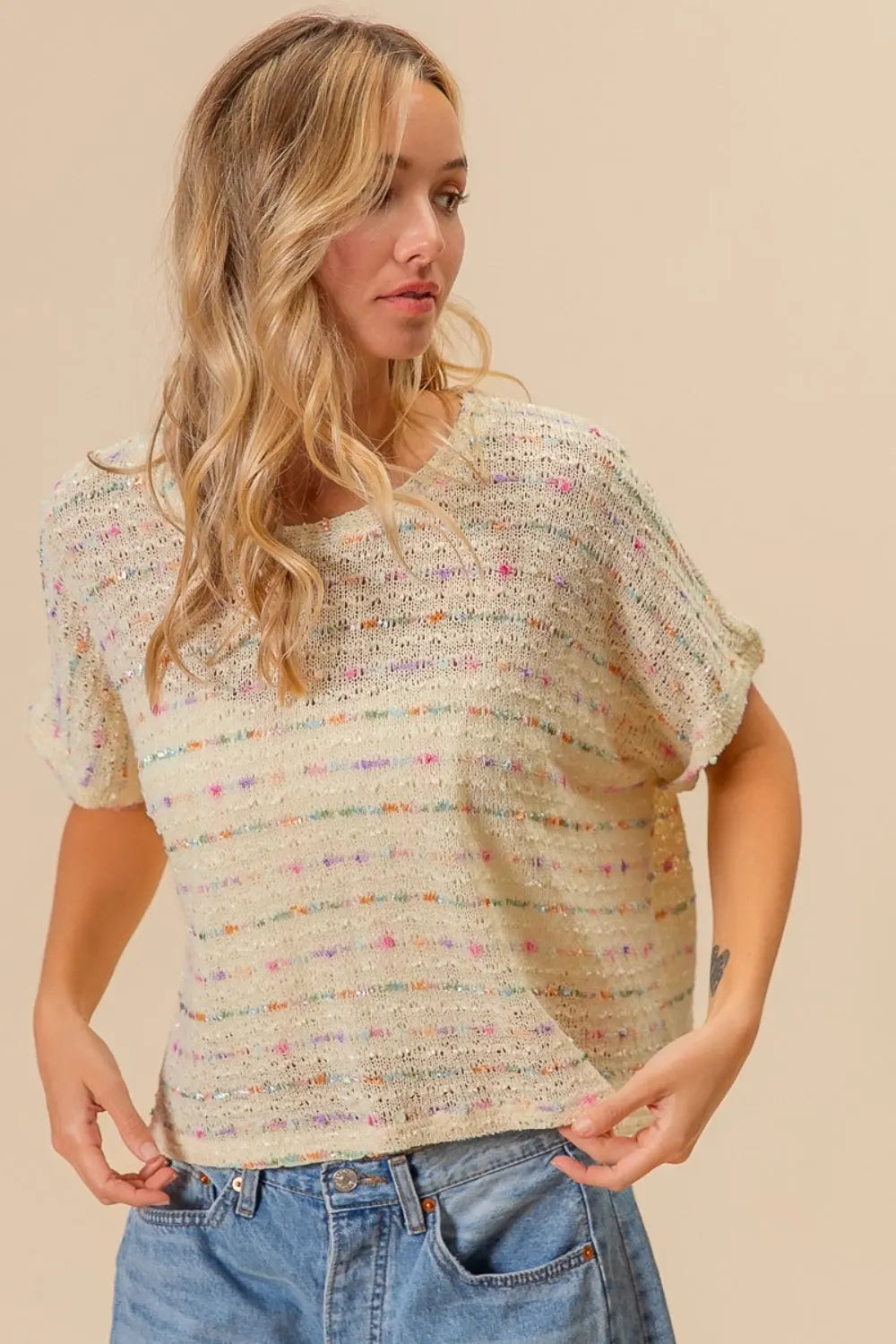 BiBi Striped Popcorn Knit Top-Very Besty
