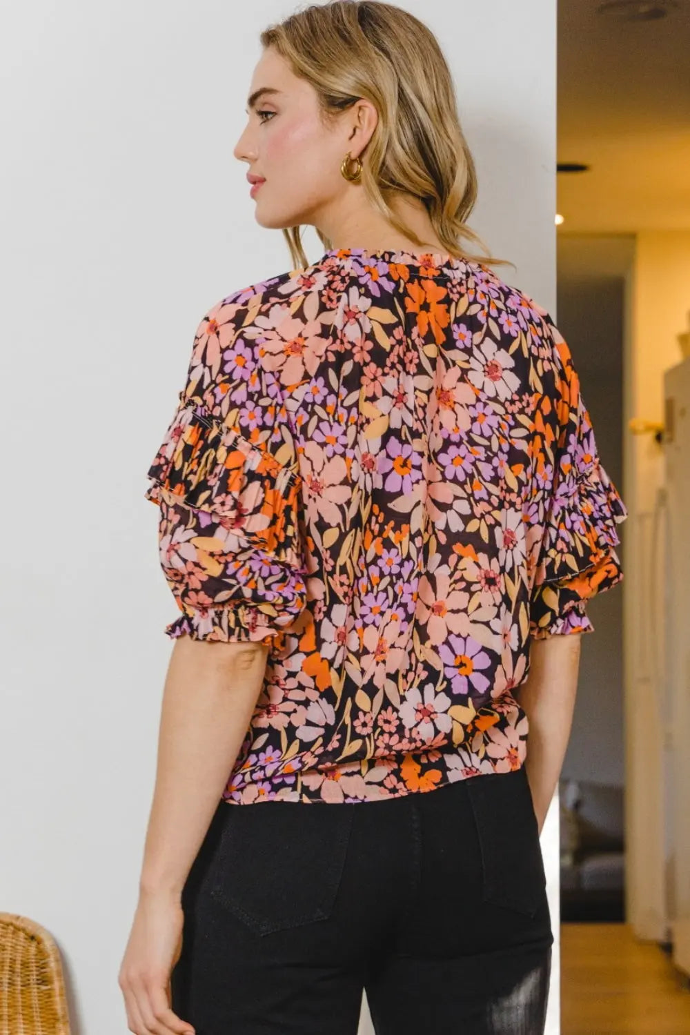 ODDI Full Size Floral Tie Neck Ruffled Blouse-Very Besty