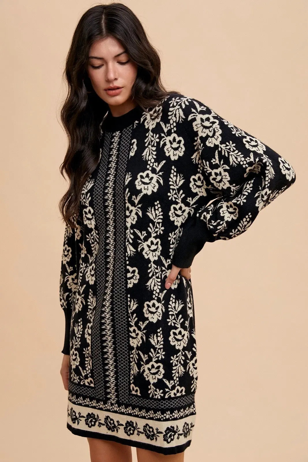 Annie Wear Floral Jacquard Round Neck Sweater Dress-Very Besty