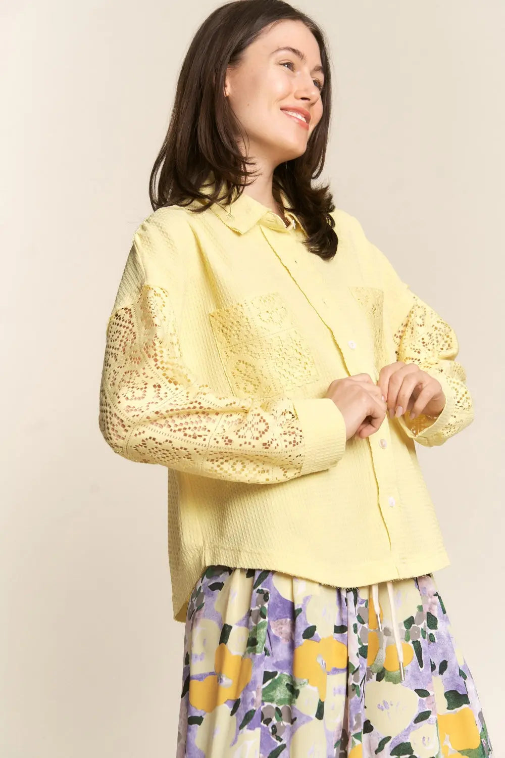 J.NNA Button Down Lace Long Sleeve Waffle Shirt-Very Besty