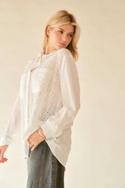 Davi & Dani Crinkled Jacquard Button Down Shirt-Very Besty