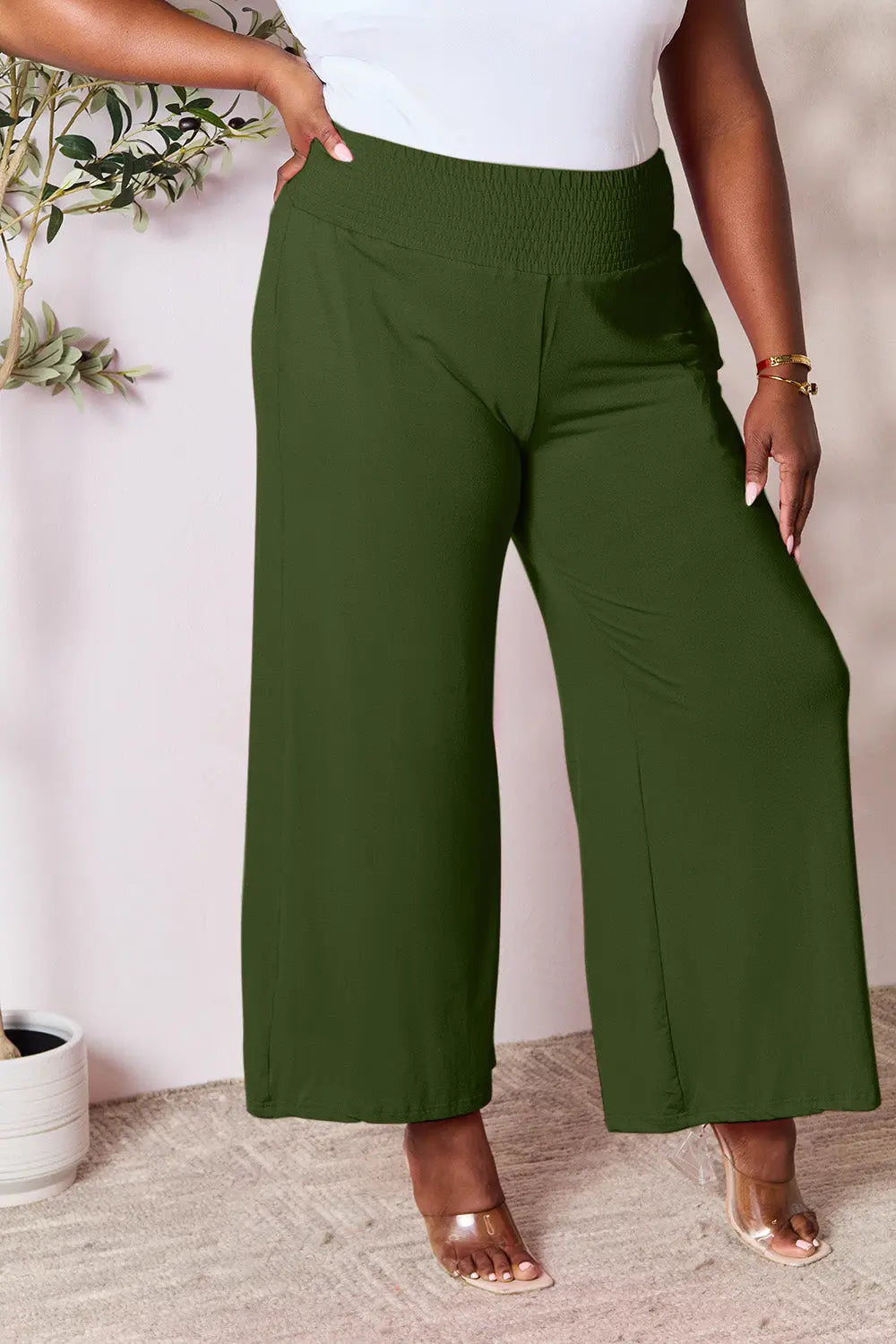Basic Bae Full Size Smocked Wide Waistband Wide Leg Pants-Very Besty