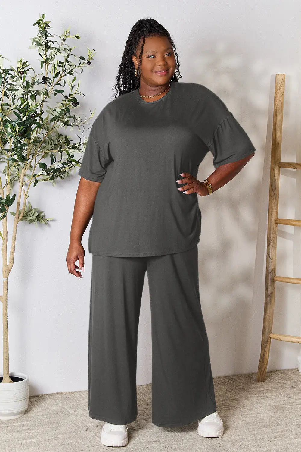 Double Take Full Size Round Neck Slit Top and Pants Set-Very Besty