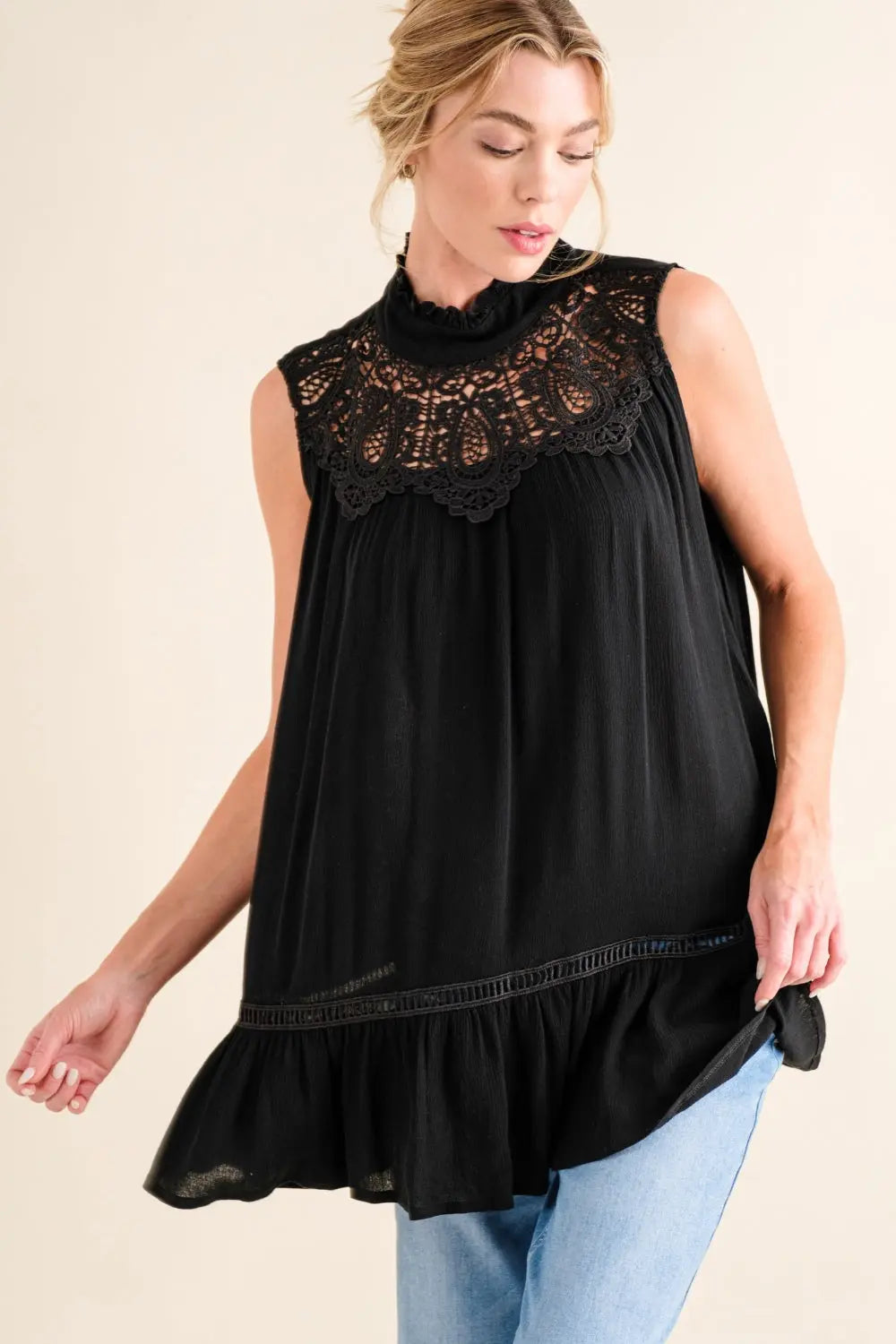 And The Why Lace Detail Sleeveless Ruffled Top-Very Besty