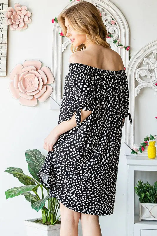 Heimish Full Size Short Sleeve Off Shoulder Animal Mini Dress Plus Size-Very Besty