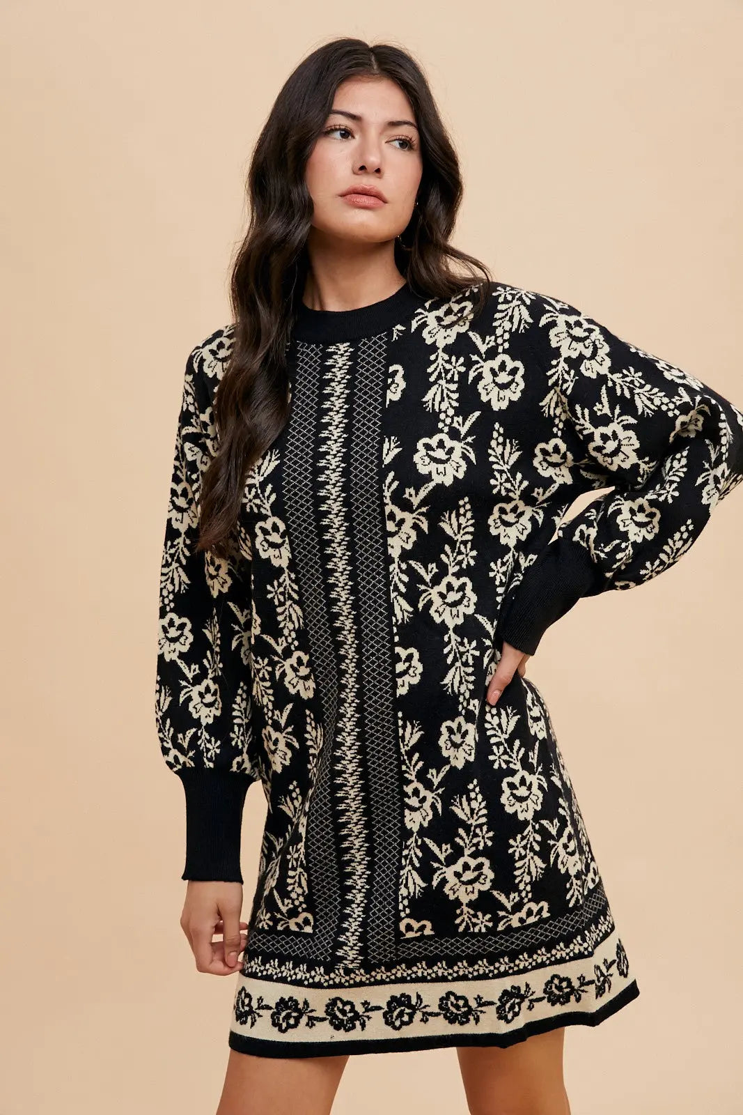 Annie Wear Floral Jacquard Round Neck Sweater Dress-Very Besty