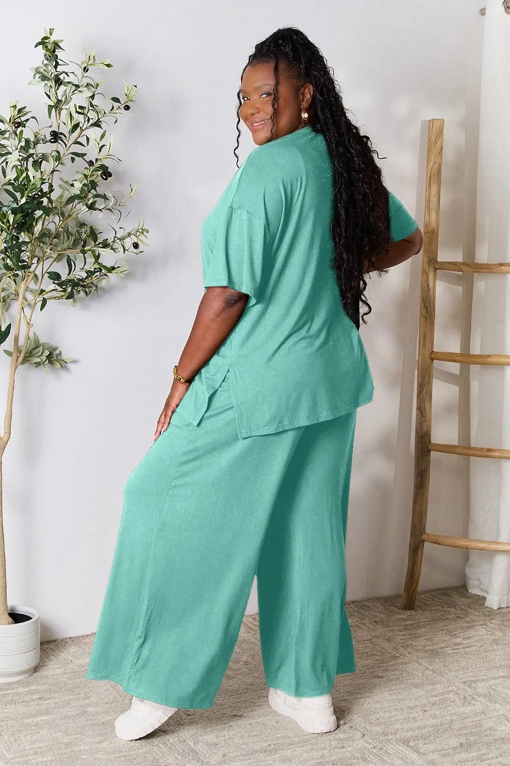 Double Take Full Size Round Neck Slit Top and Pants Set-Very Besty