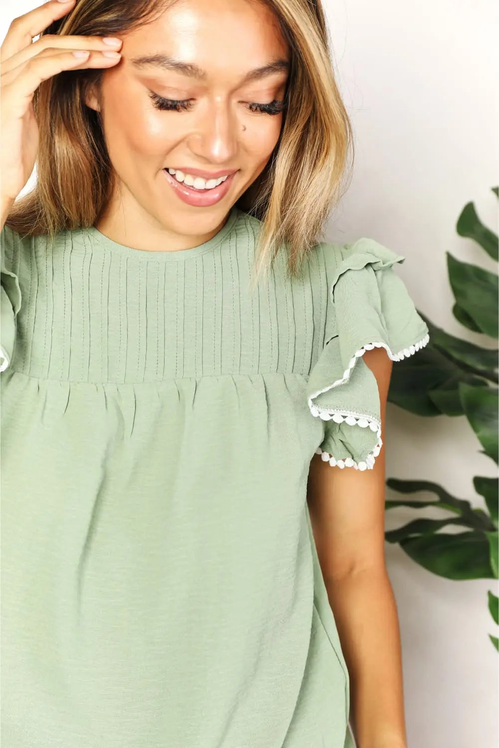 Perfee Pleated Detail Flutter Sleeve Blouse-Very Besty