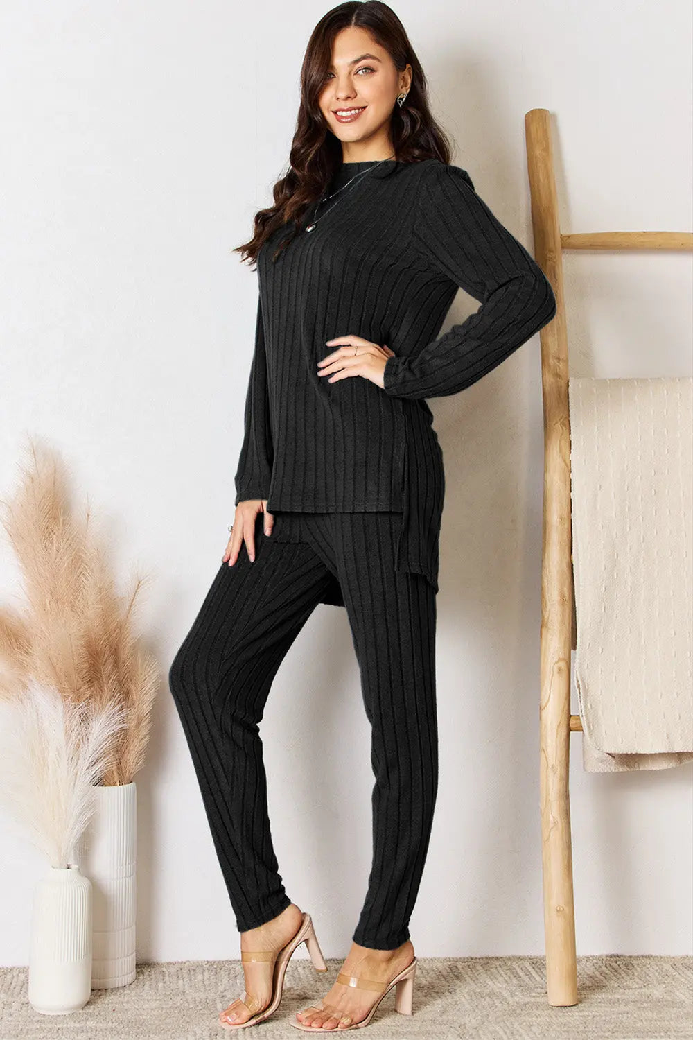 Basic Bae Full Size Ribbed Round Neck High-Low Slit Top and Pants Set-Very Besty