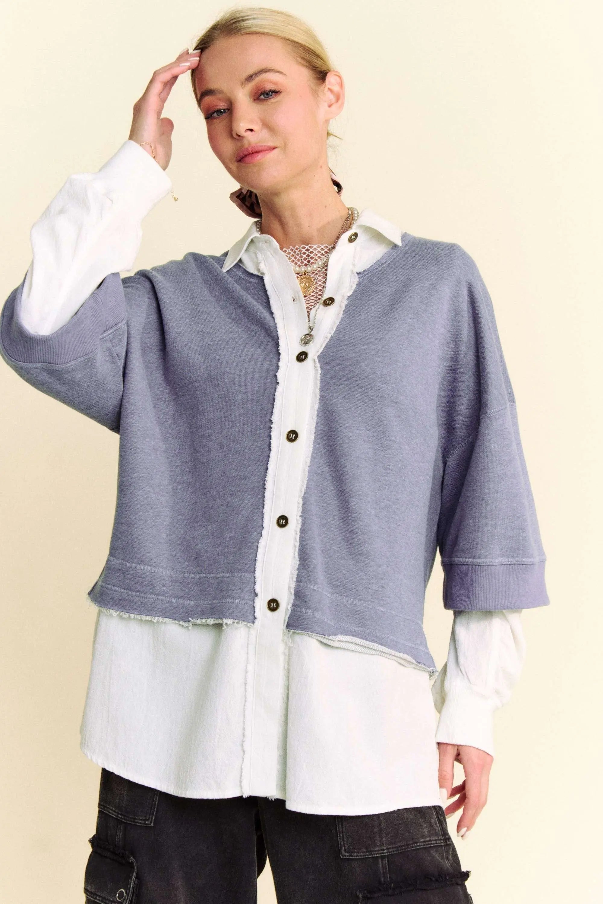 Davi & Dani Faux Layered French Terry Contrast Top-Very Besty