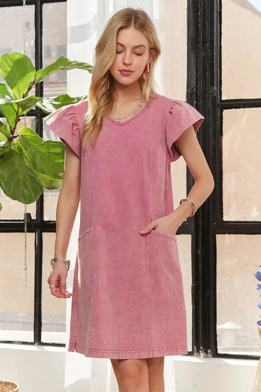 ADORA Mineral Washed V-Neck Ruffled Cap Sleeve Dress-Very Besty