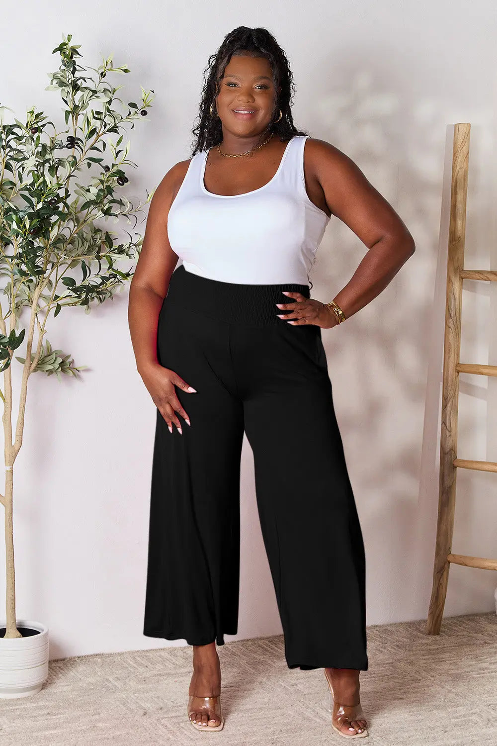 Basic Bae Full Size Smocked Wide Waistband Wide Leg Pants-Very Besty