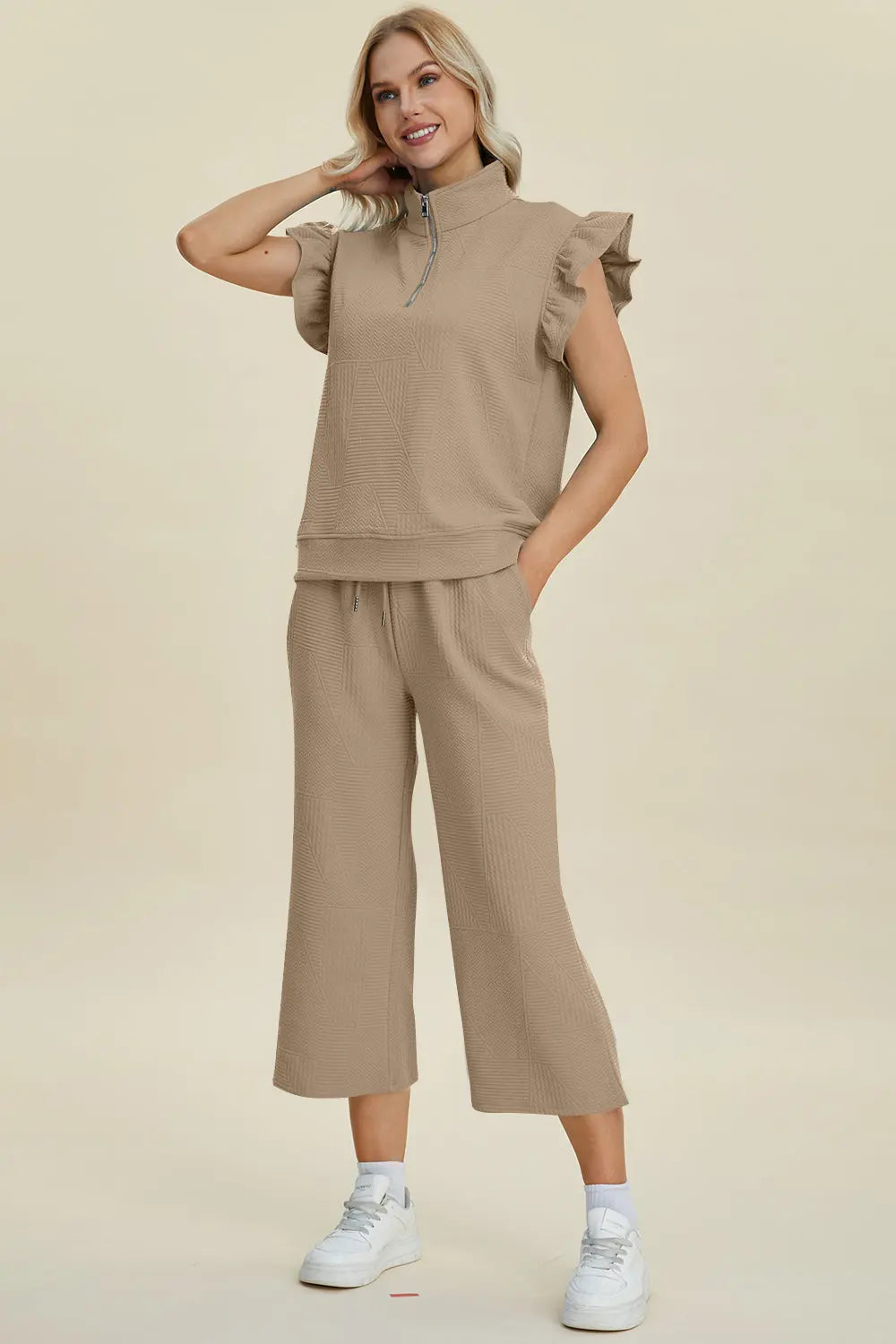 Double Take Full Size Texture Ruffle Short Sleeve Top and Wide Leg Pants Set-Very Besty