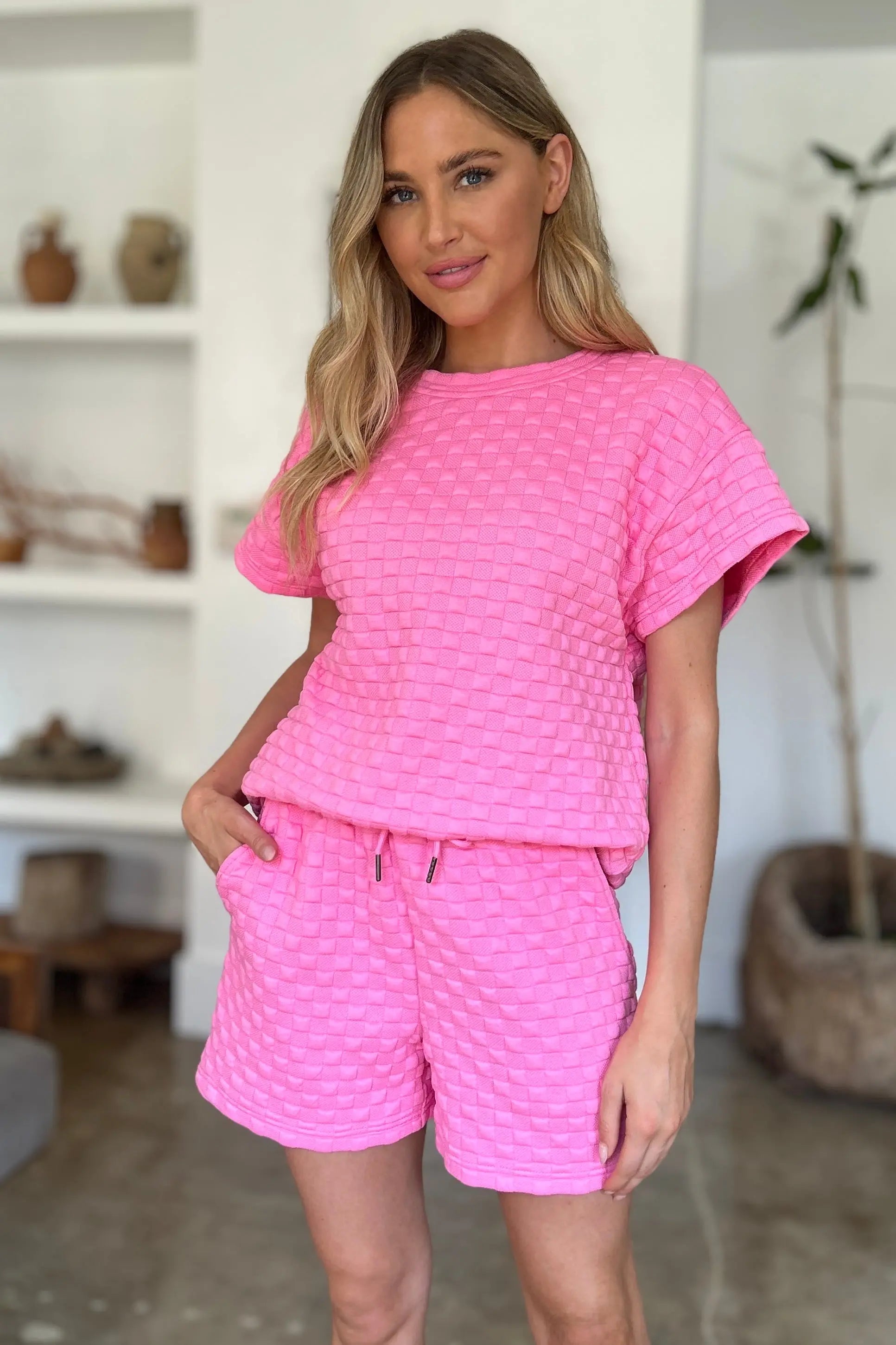 Double Take Full Size Texture T-Shirt and Shorts Set-Very Besty