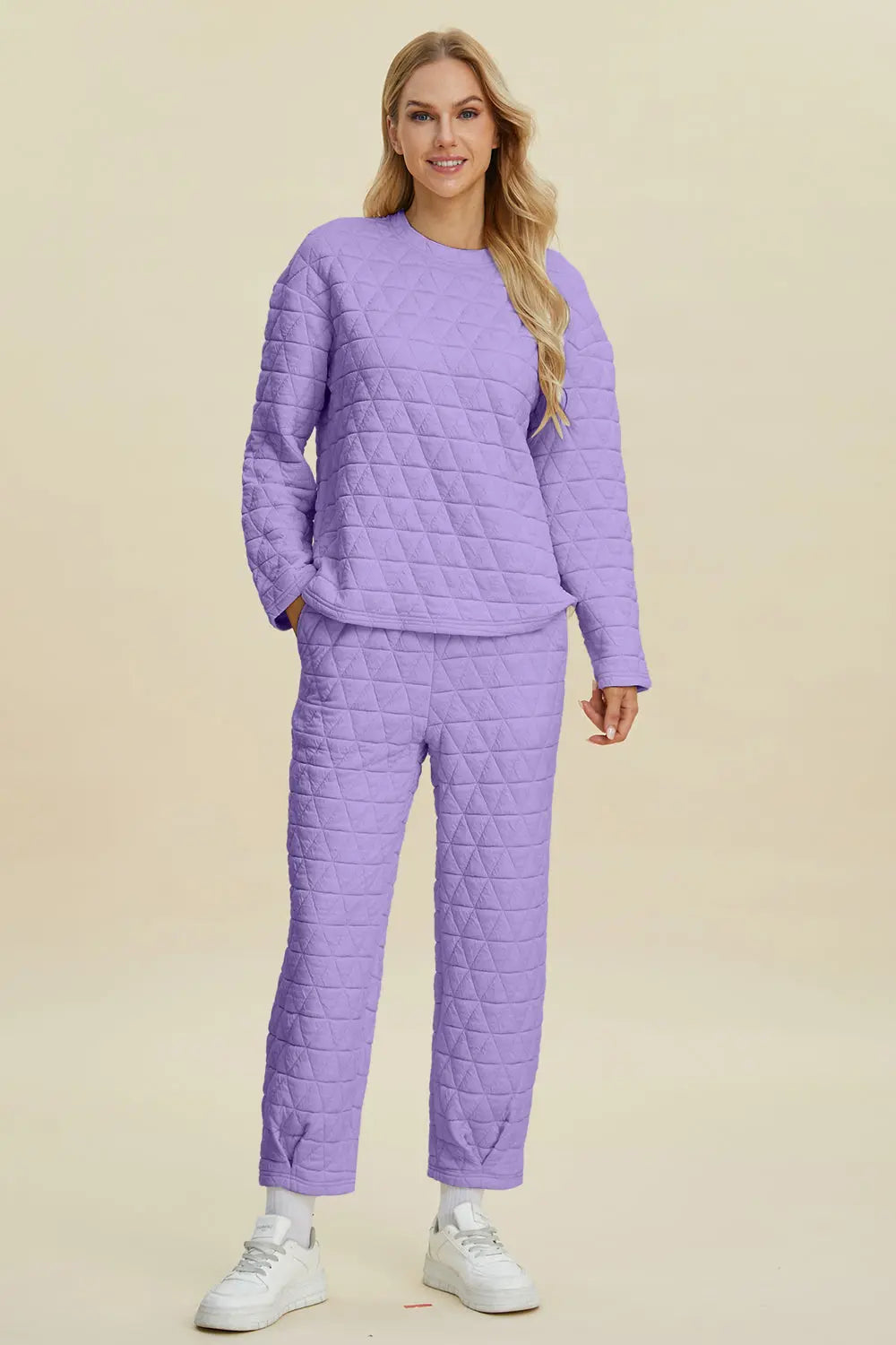 Double Take Full Size Texture Round Neck Long Sleeve Top and Pants Set-Very Besty