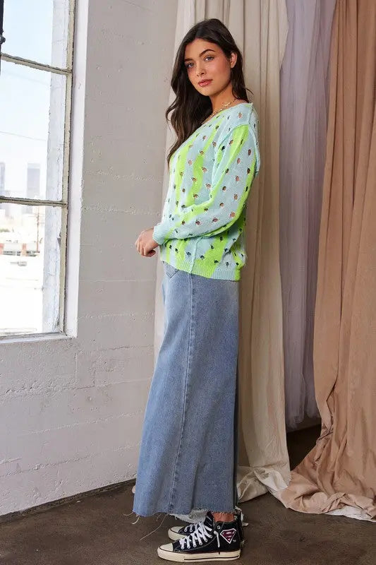 Davi & Dani Two-Tone Ribbed Hem Openwork Knit Top-Very Besty