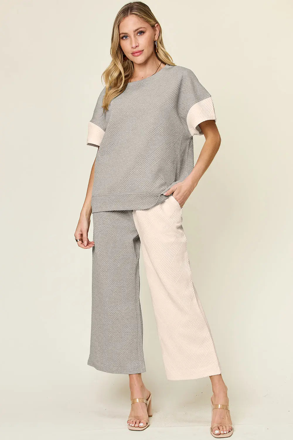 Double Take Full Size Texture Contrast T-Shirt and Wide Leg Pants Set-Very Besty