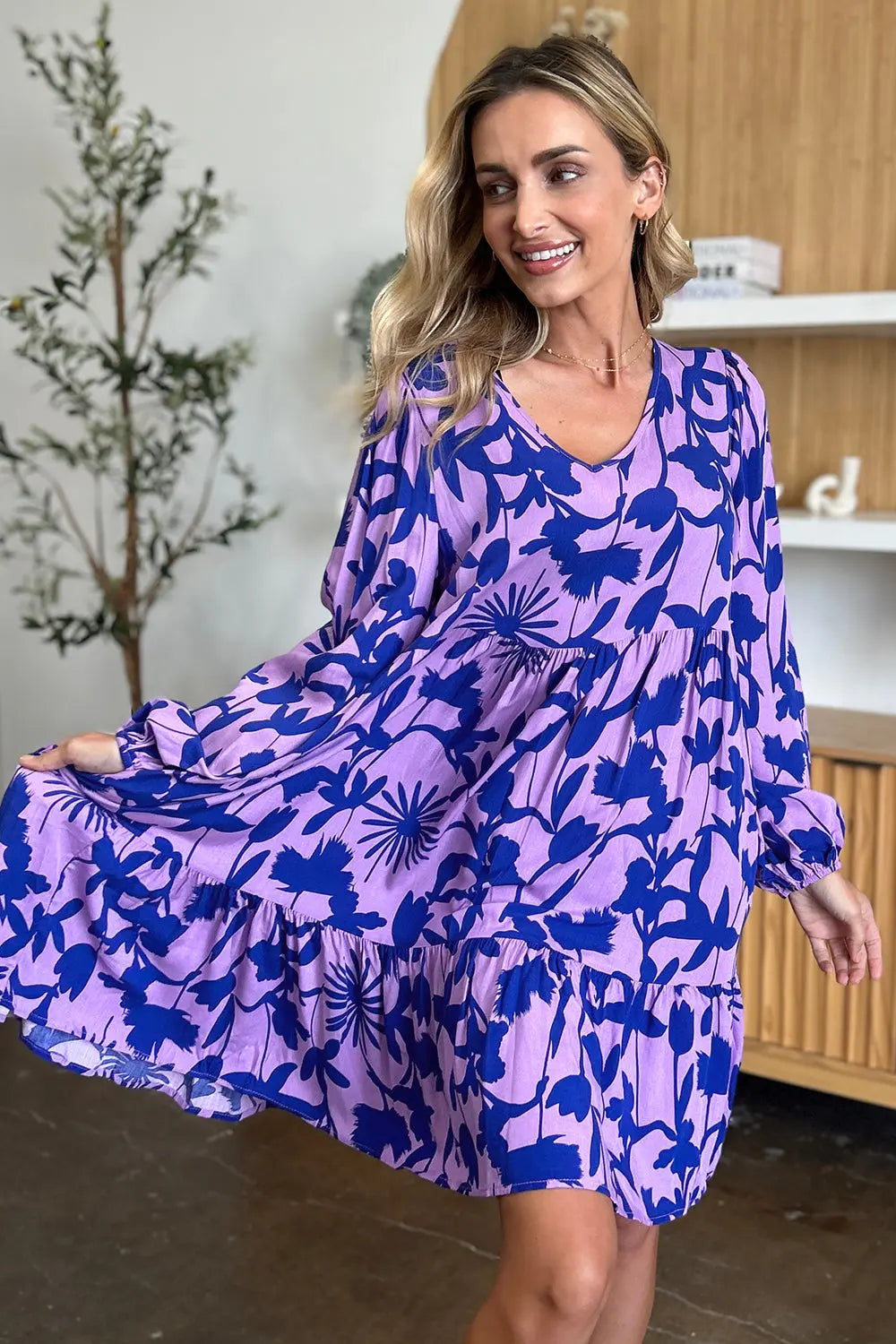 Double Take Full Size Printed Ruffle Hem Dress with Pocket-Very Besty