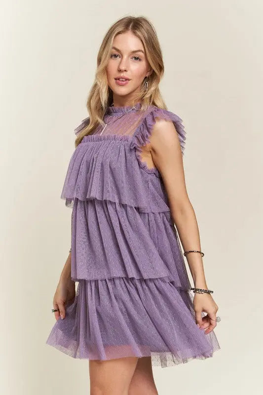 ADORA Layered Ruffled Cap Sleeve Mesh Dress-Very Besty