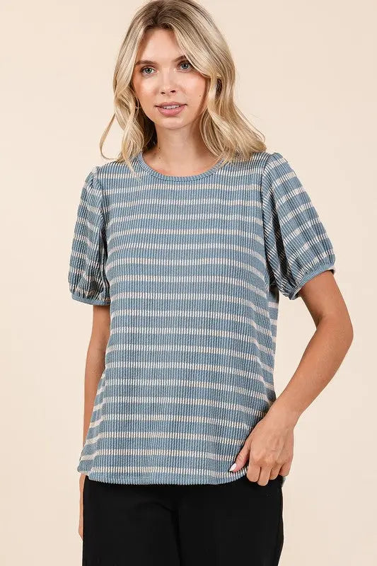 Mittoshop Contrast Striped Short Puff Sleeve Knit Top-Very Besty
