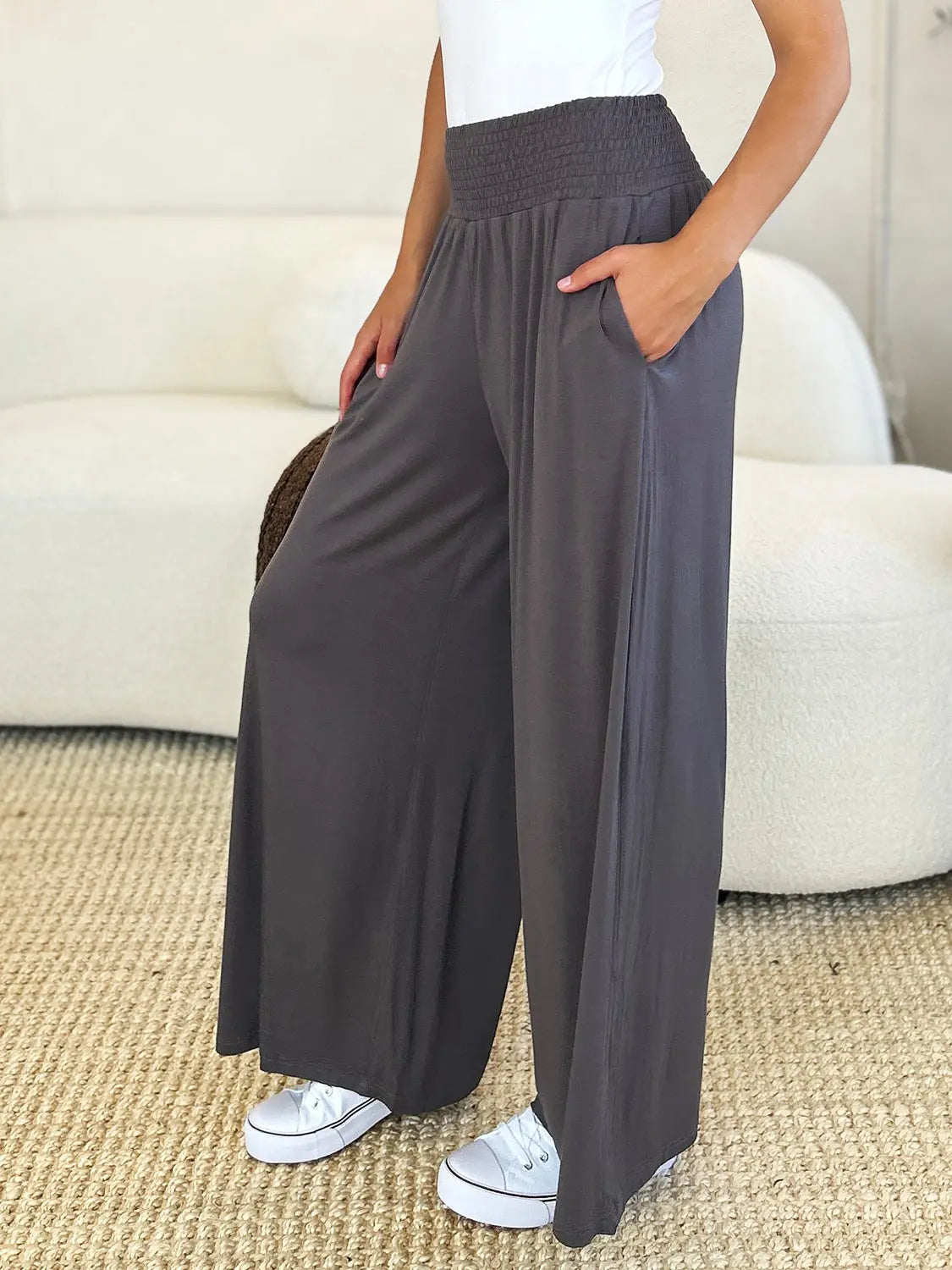 Basic Bae Full Size Smocked Wide Waistband Wide Leg Pants-Very Besty